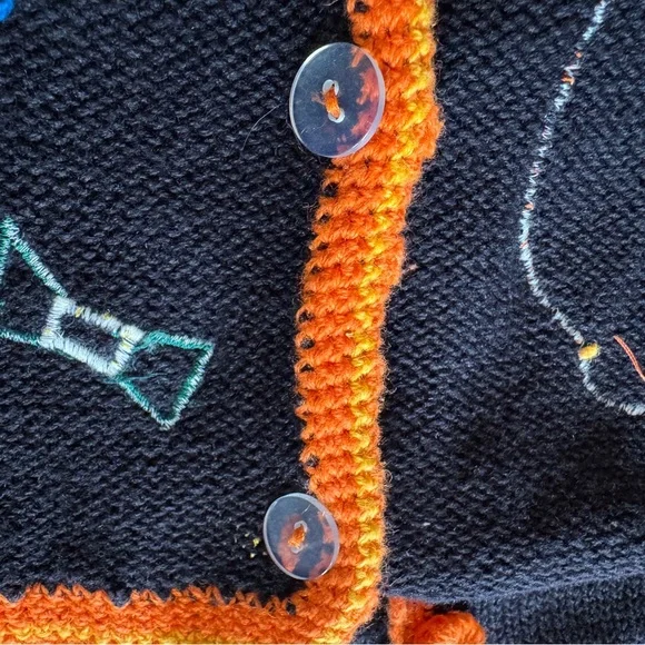 Vintage Halloween Sweater Vest Cat Pumpkin Ghost Applique Black Button Front L - Picture 7 of 14